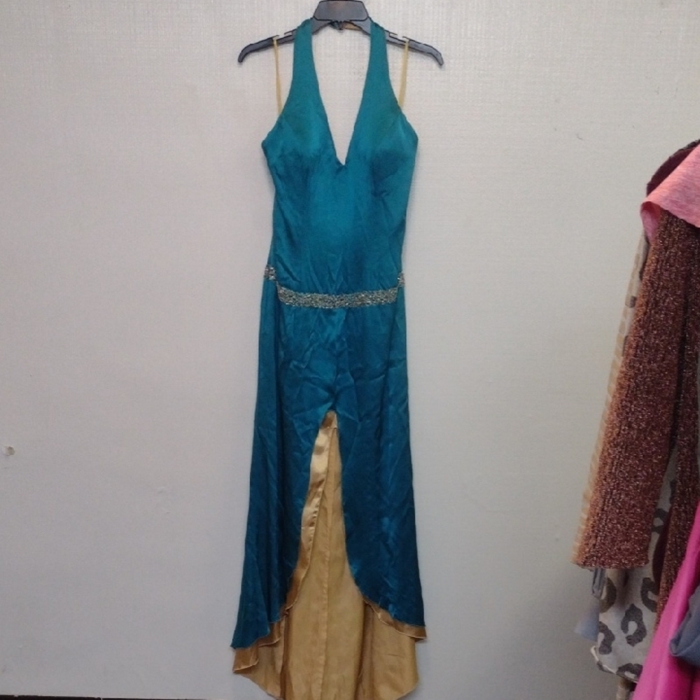 Pure Silk Elegant Teal and Gold Halter Dress